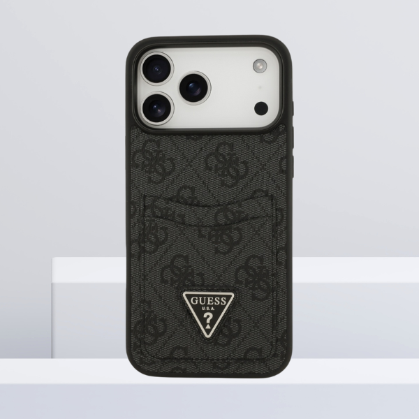 Dėklas Guess 4G Double Card Triangle, skirtas iPhone 18 Pro Max / 17 Pro Max, juodas aprašymas - Prekės nuotrauka