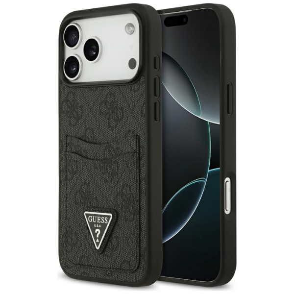 Dėklas Guess 4G Double Card Triangle, skirtas iPhone 18 Pro Max / 17 Pro Max, juodas aprašymas - Prekės nuotrauka