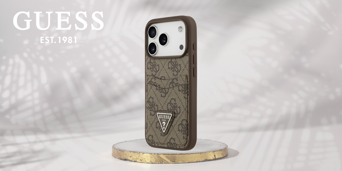 Dėklas Guess 4G Double Card Triangle, skirtas iPhone 18 Pro / 17 Pro, rudas aprašymas - Prekės nuotrauka