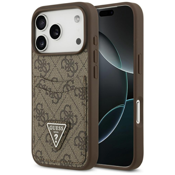 Dėklas Guess 4G Double Card Triangle, skirtas iPhone 18 Pro / 17 Pro, rudas aprašymas - Prekės nuotrauka