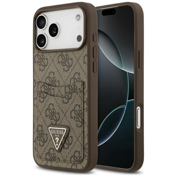 Dėklas Guess 4G Double Card Triangle, skirtas iPhone 18 Pro Max / 17 Pro Max, rudas aprašymas - Prekės nuotrauka
