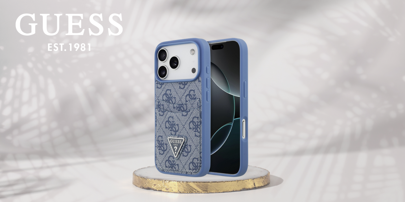 Dėklas Guess 4G Double Card Triangle, skirtas iPhone 18 Pro / 17 Pro, mėlynas aprašymas - Prekės nuotrauka