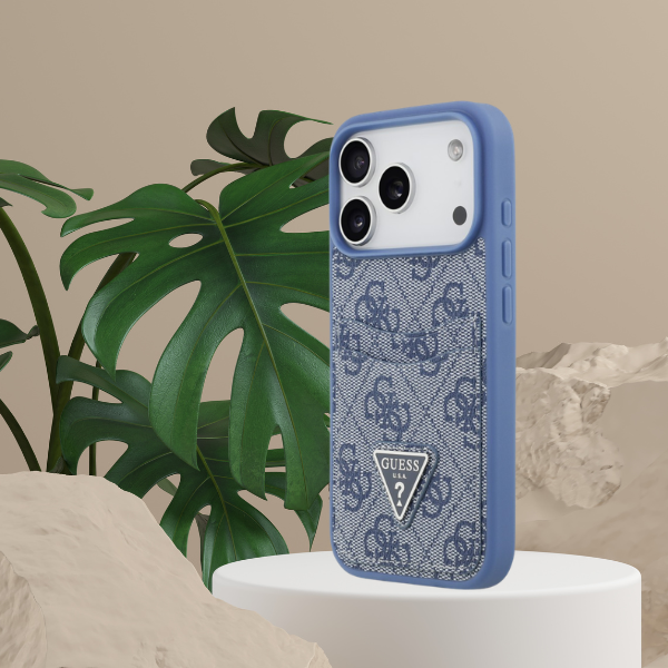 Dėklas Guess 4G Double Card Triangle, skirtas iPhone 18 Pro / 17 Pro, mėlynas aprašymas - Prekės nuotrauka