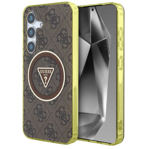 Dėklas Guess 4G Glitter Triangle Mygtukai MagSafe Samsung Galaxy S25 rudos spalvos aprašymas - Prekės nuotrauka Dėklas Guess 4G Glitter Triangle Mygtukai MagSafe Samsung Galaxy S25 rudos spalvos aprašymas - Prekės nuotrauka
