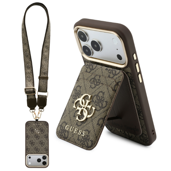 Dėklas Guess 4G su pinigine ir dirželiu MagSafe, skirtas iPhone 18 Pro / 17 Pro, rudas aprašymas - Prekės nuotrauka