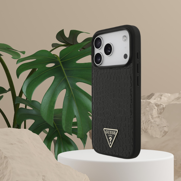 Dėklas Guess Croco Triangle Logo MagSafe, skirtas iPhone 18 Pro Max / 17 Pro Max, juodas aprašymas - Prekės nuotrauka