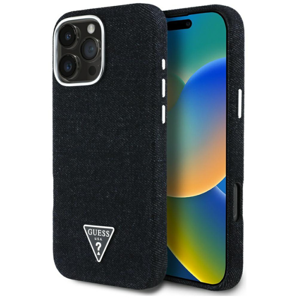 Dėklas Guess Denim Triangle Logo MagSafe Apple iPhone 16 Pro juodos spalvos aprašymas - Prekės nuotrauka Dėklas Guess Denim Triangle Logo MagSafe Apple iPhone 16 Pro juodos spalvos aprašymas - Prekės nuotrauka