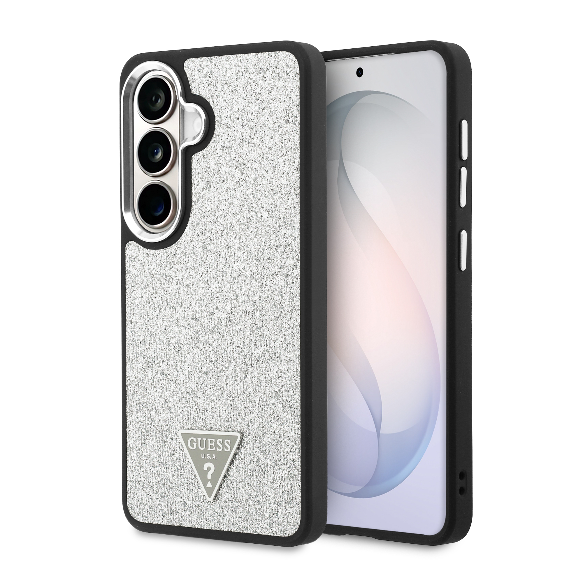 Dėklas Guess Fixed Glitter Triangle MagSafe Samsung Galaxy S26 sidabrinis aprašymas - Prekės nuotrauka