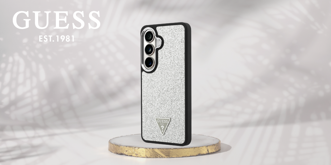Dėklas Guess Fixed Glitter Triangle MagSafe Samsung Galaxy S26 sidabrinis aprašymas - Prekės nuotrauka