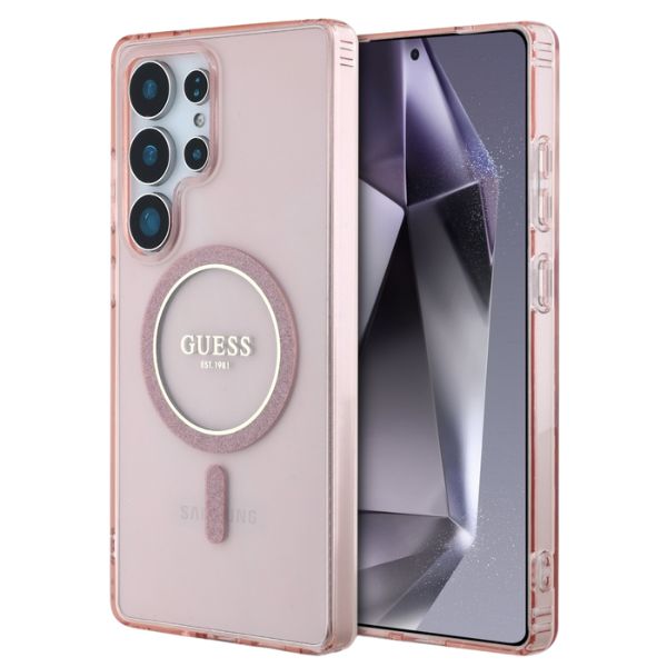 Dėklas Guess Glitter Circle Classic Logo MagSafe skirtas Samsung Galaxy S25 Ultra rožinės spalvos aprašymas - Prekės nuotrauka Dėklas Guess Glitter Circle Classic Logo MagSafe skirtas Samsung Galaxy S25 Ultra rožinės spalvos aprašymas - Prekės nuotrauka