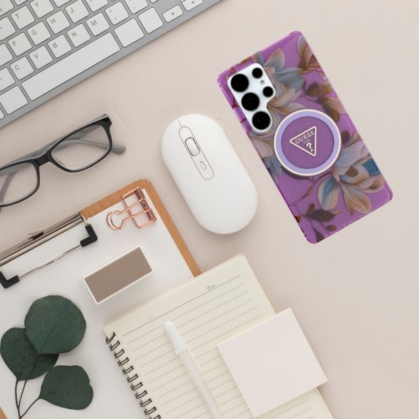 Dėklas Guess Glitter Flowers Triangle Mygtukai MagSafe for Samsung Galaxy S25 Ultra violetinė aprašymas - Prekės nuotrauka