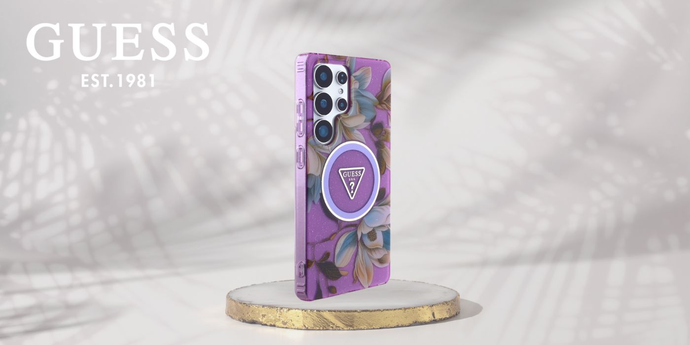 Dėklas Guess Glitter Flowers Triangle Mygtukai MagSafe for Samsung Galaxy S25 Ultra violetinė aprašymas - Prekės nuotrauka