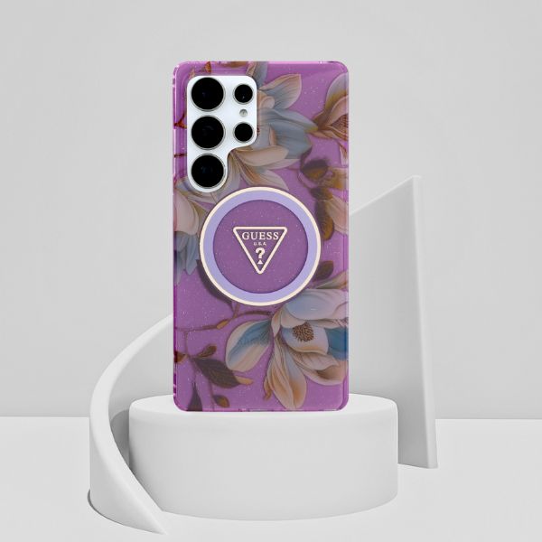 Dėklas Guess Glitter Flowers Triangle Mygtukai MagSafe for Samsung Galaxy S25 Ultra violetinė aprašymas - Prekės nuotrauka