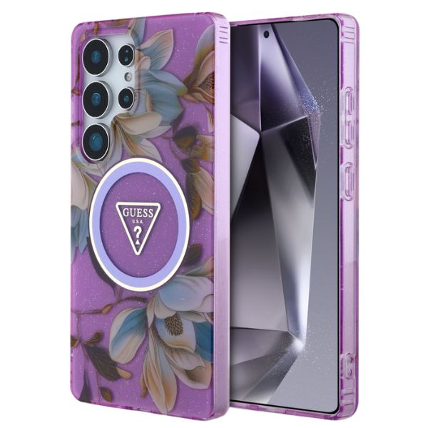 Dėklas Guess Glitter Flowers Triangle Mygtukai MagSafe for Samsung Galaxy S25 Ultra violetinė aprašymas - Prekės nuotrauka