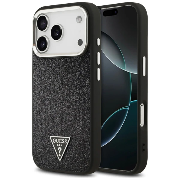 Dėklas Guess Glitter Triangle Logo MagSafe skirtas Apple iPhone 17 Pro juodos spalvos aprašymas - Prekės nuotrauka