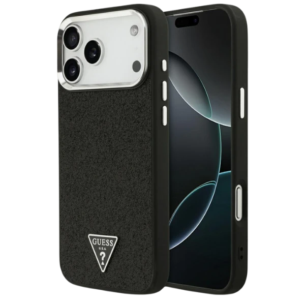 Dėklas Guess Glitter Triangle Logo MagSafe skirtas Apple iPhone 17 Pro Max juodos spalvos aprašymas - Prekės nuotrauka