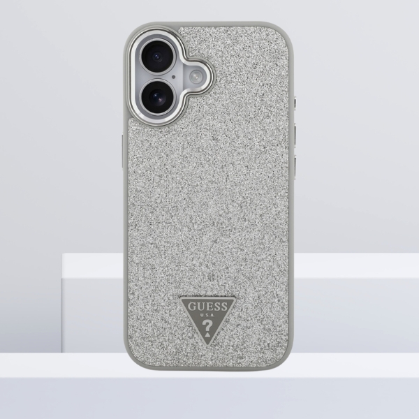 Dėklas Guess Glitter Triangle Logo MagSafe skirtas Apple iPhone 17 sidabro spalvos aprašymas - Prekės nuotrauka Dėklas Guess Glitter Triangle Logo MagSafe skirtas Apple iPhone 17 sidabro spalvos aprašymas - Prekės nuotrauka