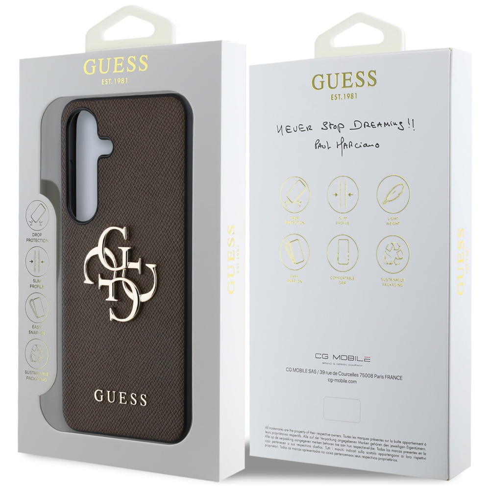 Dėklas Guess Grained Big 4G Logo Small Classic Logo to Samsung Galaxy S25 Plus rudos spalvos aprašymas - Prekės nuotrauka Dėklas Guess Grained Big 4G Logo Small Classic Logo to Samsung Galaxy S25 Plus rudos spalvos aprašymas - Prekės nuotrauka