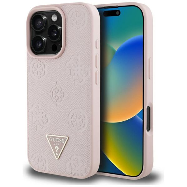 Dėklas Guess Grained Hot Stamp Peony Triangle Logo MagSafe Apple iPhone 16 Pro rožinės spalvos aprašymas - Prekės nuotrauka