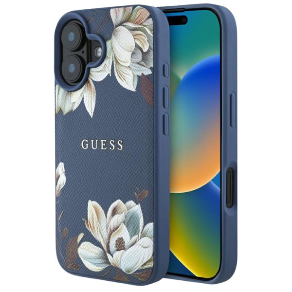 Dėklas Guess Grained Printed Flower Pattern MagSafe Apple iPhone 16 mėlynas aprašymas - Prekės nuotrauka Dėklas Guess Grained Printed Flower Pattern MagSafe Apple iPhone 16 mėlynas aprašymas - Prekės nuotrauka