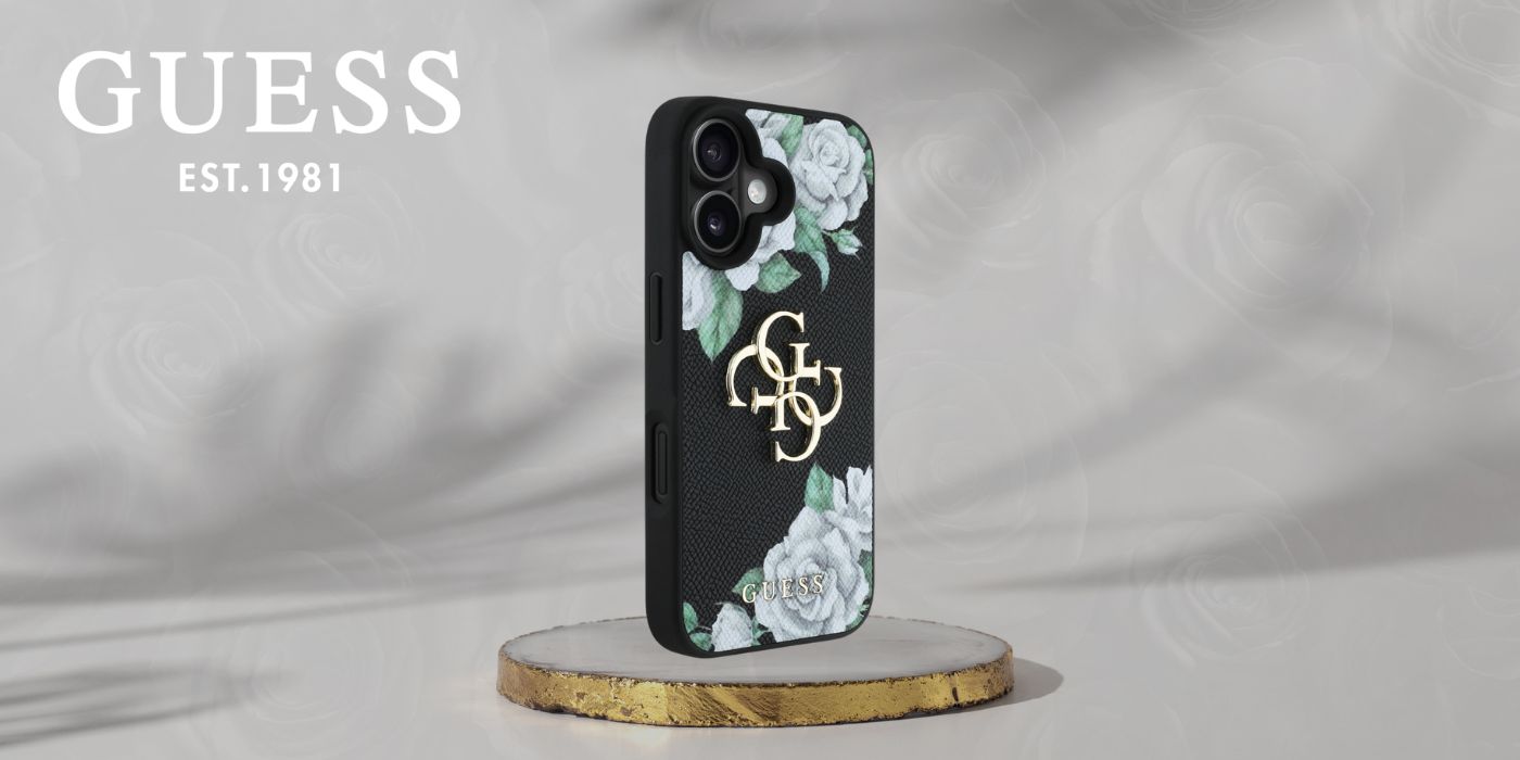 Dėklas Guess Grained Roses Big 4G logo Apple iPhone 16 juodos spalvos aprašymas - Prekės nuotrauka