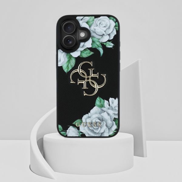 Dėklas Guess Grained Roses Big 4G logo Apple iPhone 16 juodos spalvos aprašymas - Prekės nuotrauka
