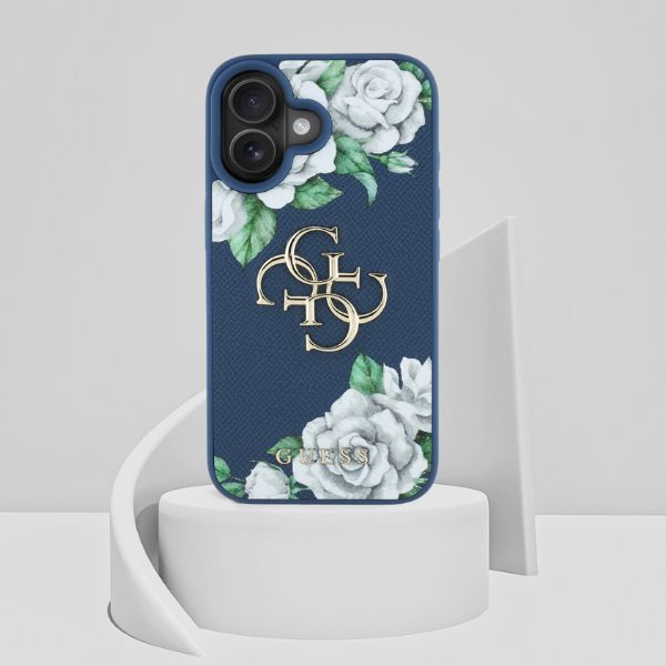 Dėklas Guess Grained Roses Big 4G logo Apple iPhone 16 mėlynas aprašymas - Prekės nuotrauka