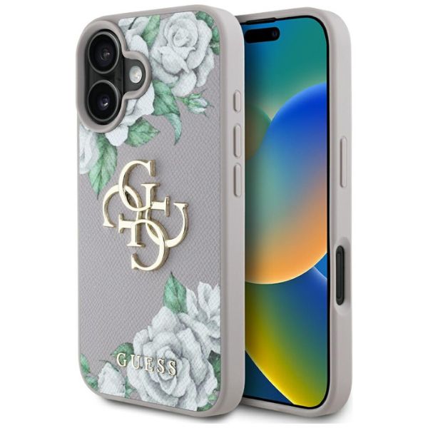 Dėklas Guess Grained Roses Big 4G logo iPhone 16 violetinės spalvos aprašymas - Prekės nuotrauka