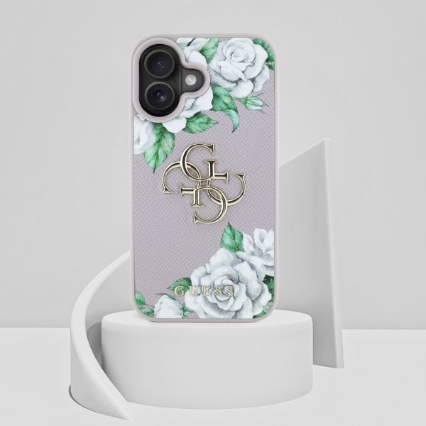 Dėklas Guess Grained Roses Big 4G logo iPhone 16 violetinės spalvos aprašymas - Prekės nuotrauka