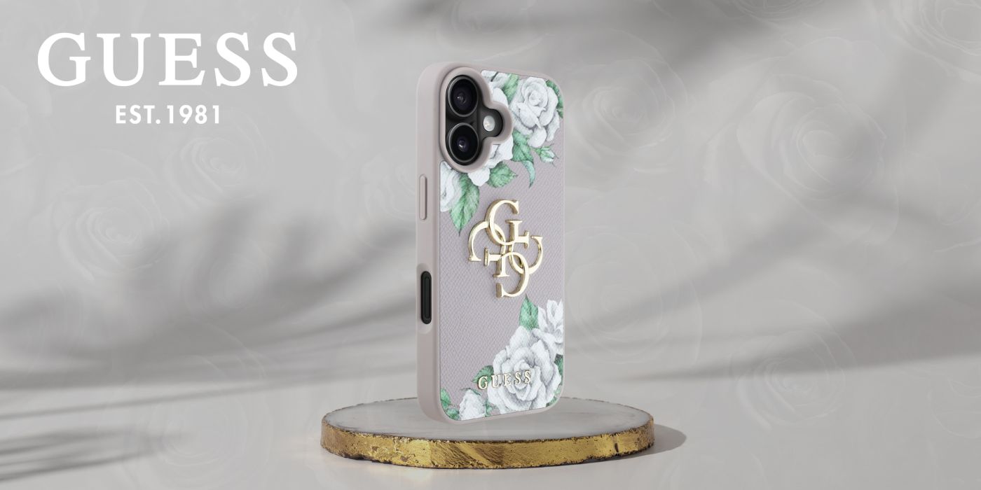 Dėklas Guess Grained Roses Big 4G logo iPhone 16 violetinės spalvos aprašymas - Prekės nuotrauka