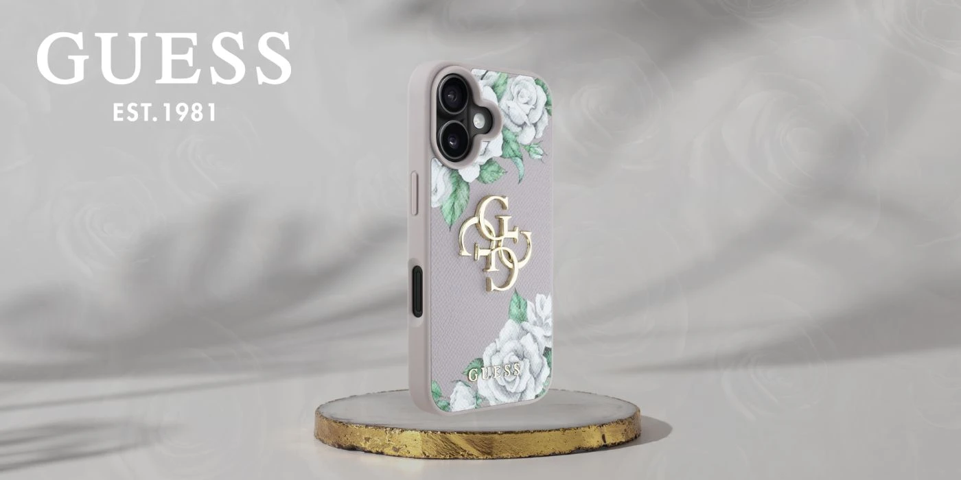 Dėklas Guess Grained Roses Big 4G logo skirtas Apple iPhone 16 violetinės spalvos aprašymas - Prekės nuotrauka