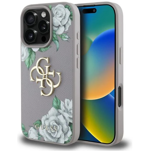 Dėklas Guess Grained Roses Big 4G logo skirtas Apple iPhone 16 Pro Max violetinės spalvos aprašymas - Prekės nuotrauka