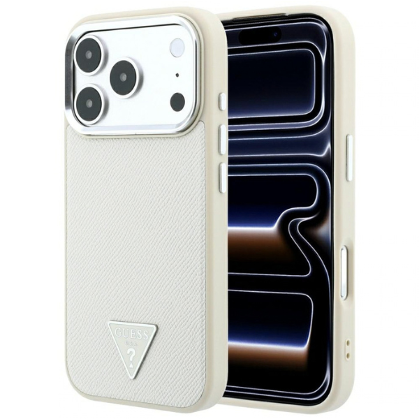 Dėklas Guess Grained Triangle Logo MagSafe, skirtas iPhone 18 Pro / 17 Pro, smėlio spalvos aprašymas - Prekės nuotrauka