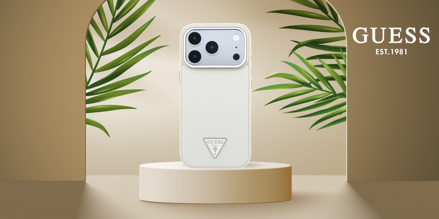 Dėklas Guess Grained Triangle Logo MagSafe, skirtas iPhone 18 Pro / 17 Pro, smėlio spalvos aprašymas - Prekės nuotrauka