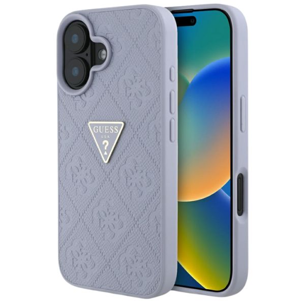 Dėklas Guess Hot Stamp 4G Pattern Triangle Metal Logo Apple iPhone 16 violetinės spalvos aprašymas - Prekės nuotrauka Dėklas Guess Hot Stamp 4G Pattern Triangle Metal Logo Apple iPhone 16 violetinės spalvos aprašymas - Prekės nuotrauka