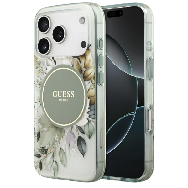 Dėklas Guess IML Flower & Tonal Circle MagSafe, skirtas iPhone 18 Pro / 17 Pro, žalias aprašymas - Prekės nuotrauka
