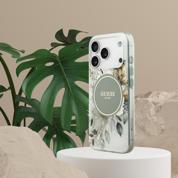 Dėklas Guess IML Flower & Tonal Circle MagSafe, skirtas iPhone 18 Pro Max / 17 Pro Max, žalias aprašymas - Prekės nuotrauka