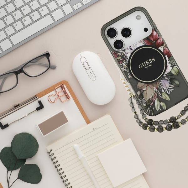 Dėklas Guess IML Flowers Pearl Strap MagSafe, skirtas iPhone 18 Pro / 17 Pro, juodas aprašymas - Prekės nuotrauka
