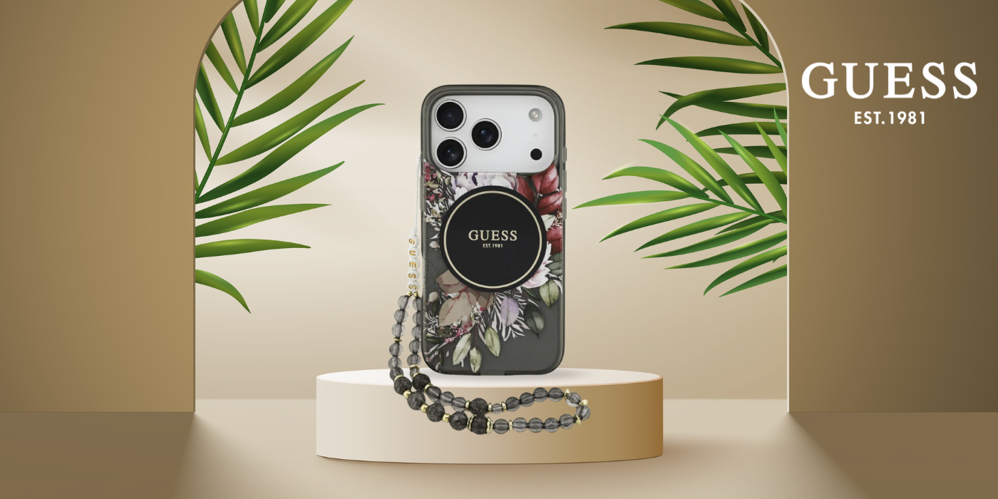 Dėklas Guess IML Flowers Pearl Strap MagSafe, skirtas iPhone 18 Pro / 17 Pro, juodas aprašymas - Prekės nuotrauka