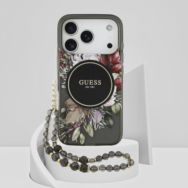 Dėklas Guess IML Flowers Pearl Strap MagSafe, skirtas iPhone 18 Pro / 17 Pro, juodas aprašymas - Prekės nuotrauka