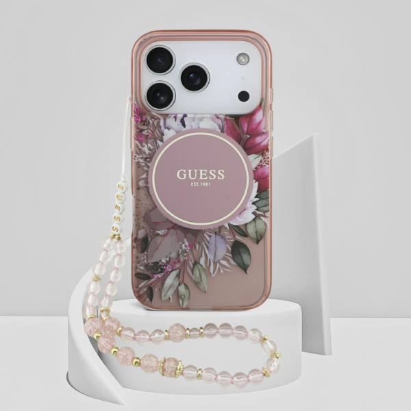 Dėklas Guess IML Flowers Pearl Strap MagSafe, skirtas iPhone 18 Pro / 17 Pro, rožinis aprašymas - Prekės nuotrauka