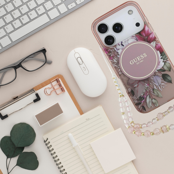 Dėklas Guess IML Flowers Pearl Strap MagSafe, skirtas iPhone 18 Pro / 17 Pro, rožinis aprašymas - Prekės nuotrauka