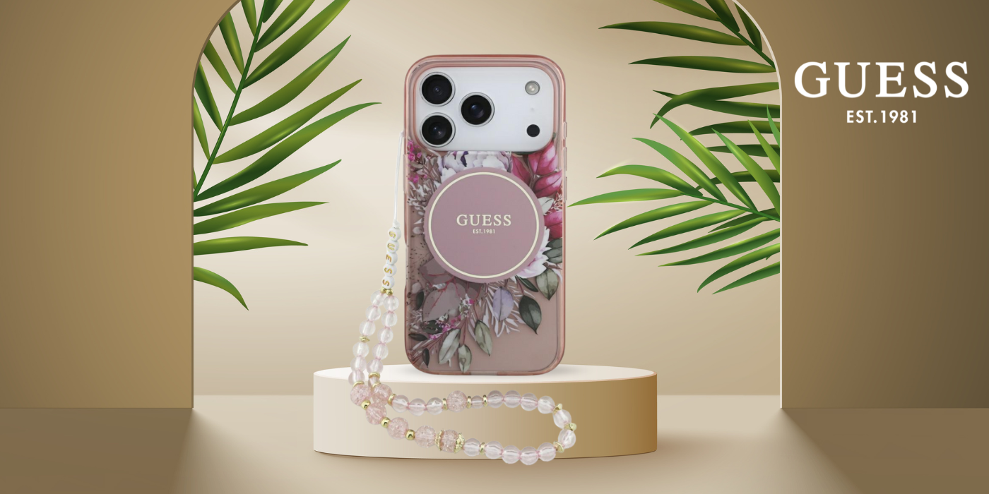 Dėklas Guess IML Flowers Pearl Strap MagSafe, skirtas iPhone 18 Pro / 17 Pro, rožinis aprašymas - Prekės nuotrauka