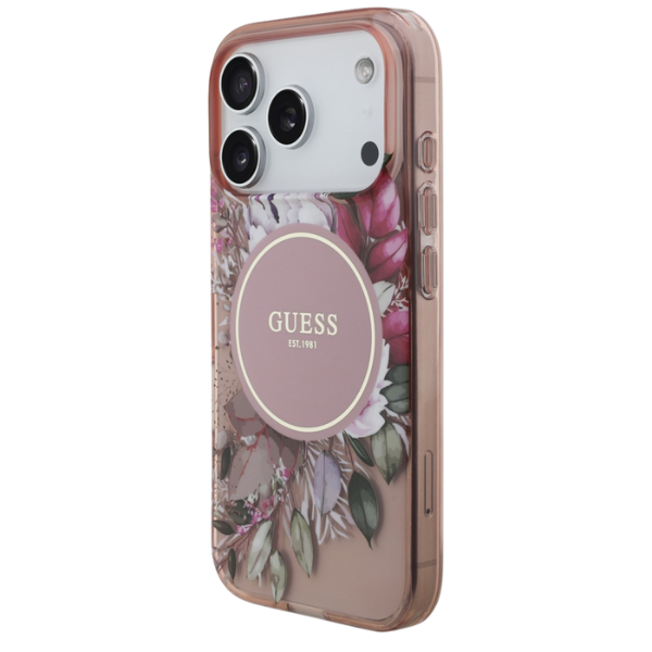 Dėklas Guess IML Flowers Pearl Strap MagSafe, skirtas iPhone 18 Pro / 17 Pro, rožinis aprašymas - Prekės nuotrauka
