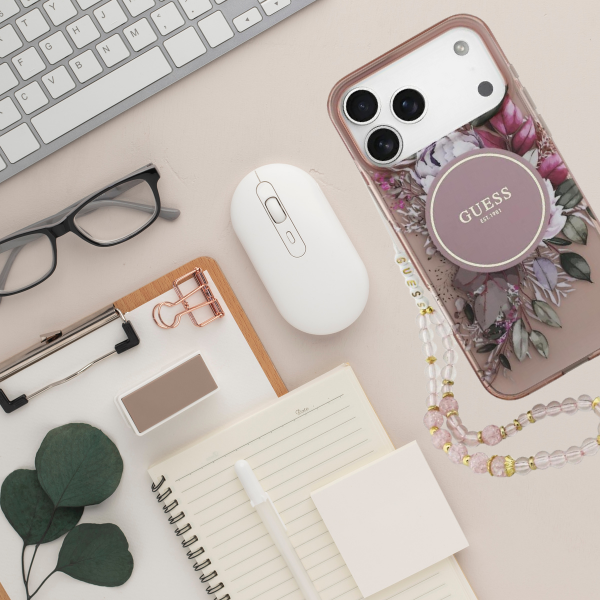 Dėklas Guess IML Flowers Pearl Strap MagSafe, skirtas iPhone 18 Pro Max / 17 Pro Max, rožinis aprašymas - Prekės nuotrauka