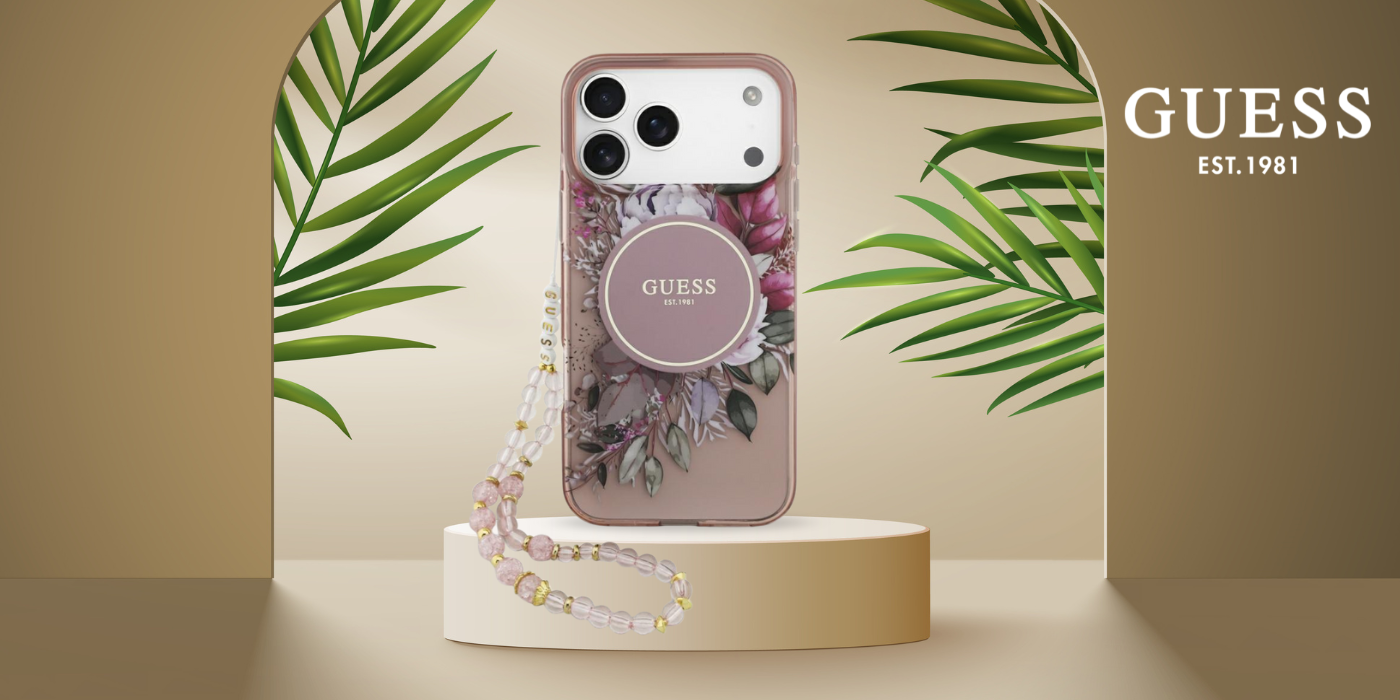 Dėklas Guess IML Flowers Pearl Strap MagSafe, skirtas iPhone 18 Pro Max / 17 Pro Max, rožinis aprašymas - Prekės nuotrauka