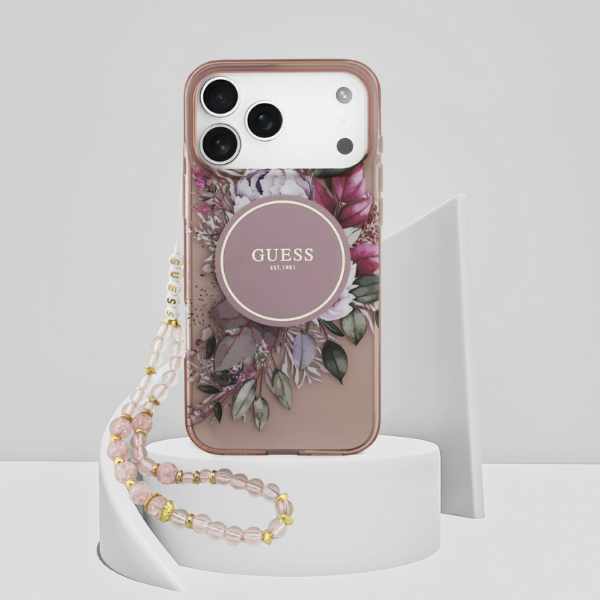 Dėklas Guess IML Flowers Pearl Strap MagSafe, skirtas iPhone 18 Pro Max / 17 Pro Max, rožinis aprašymas - Prekės nuotrauka