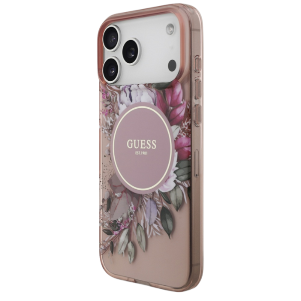 Dėklas Guess IML Flowers Pearl Strap MagSafe, skirtas iPhone 18 Pro Max / 17 Pro Max, rožinis aprašymas - Prekės nuotrauka