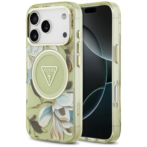 Dėklas Guess IML Glitter Flowers Triangle MagSafe skirtas Apple iPhone 17 Pro Max žalios spalvos aprašymas - Prekės nuotrauka Dėklas Guess IML Glitter Flowers Triangle MagSafe skirtas Apple iPhone 17 Pro Max žalios spalvos aprašymas - Prekės nuotrauka