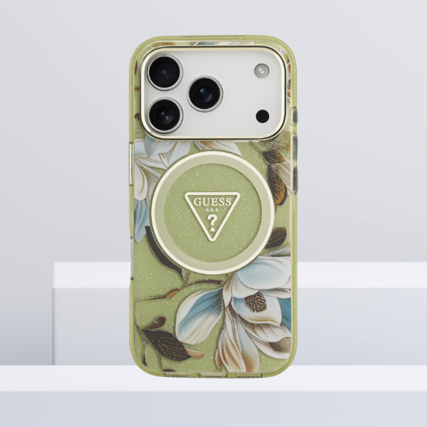 Dėklas Guess IML Glitter Flowers Triangle MagSafe skirtas Apple iPhone 17 Pro Max žalios spalvos aprašymas - Prekės nuotrauka Dėklas Guess IML Glitter Flowers Triangle MagSafe skirtas Apple iPhone 17 Pro Max žalios spalvos aprašymas - Prekės nuotrauka